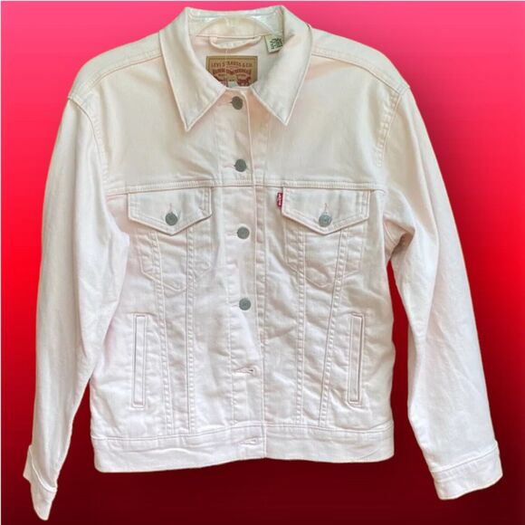 Levi's Size Medium M Pastel Soft Pink Denim Jean Jacket Ex-Boyfriend Trucker - Picture 1 of 8